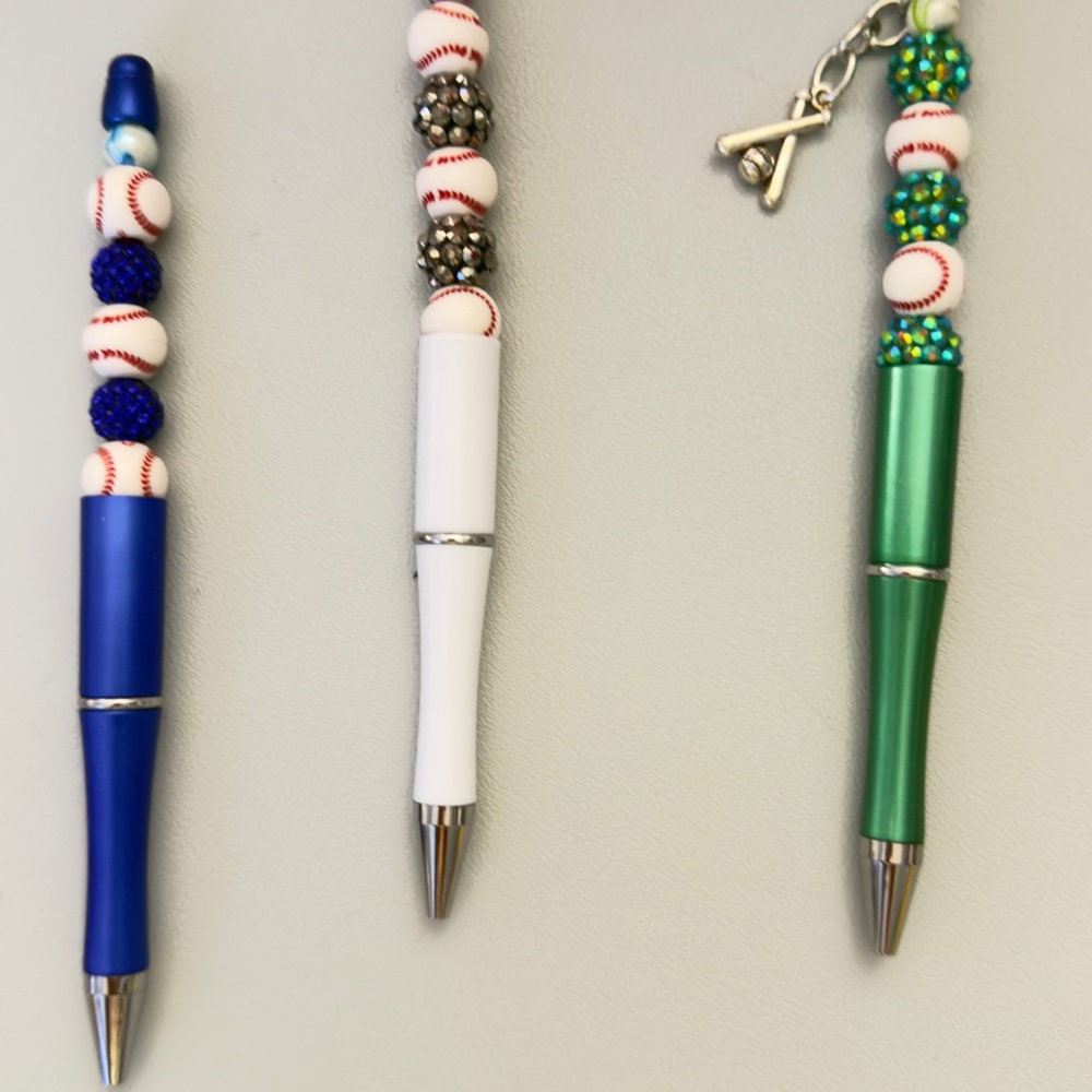 Beaded Baseball Charm Pens - Blue, White, Green